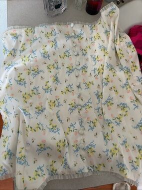For Love & Lemons White Mini Skirt with Blue Bow and Pastel Floral Print